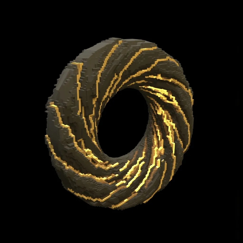 Prompt: a strange geometric object like a twisted torus, faceted, angular, Escher, optical illusion, with a golden glow, on a black background