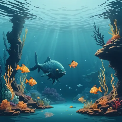 Prompt: profile view of an underwater scene in a lake, cartoon style, low resolution