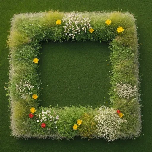 Prompt: dense weeds flowers and grass arranged in the shape of a rectangle