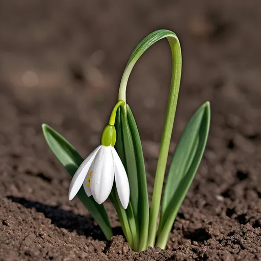 Prompt: a lone snowdrop flower growing on flat soil, Galanthus nivalis, only one plant, the entire plant visible, stylized, oversized leaves, enlarged flower, exaggerated colors, digital art style, high resolution, ultra detailed