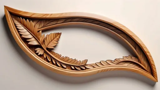 Prompt: An irregularly curved asymmetrical wooden photo frame, there is no photograph in the frame, wooden frame, entire frame, wood grain, nonorthogonal, curved, bezier curve, swooping curve, irregular shape, the frame has a dense carved pattern of various types and sizes of plant leaves, carved wood inlaid with scrimshaw filaments, high resolution, ultra detailed, warm colors, 3D style