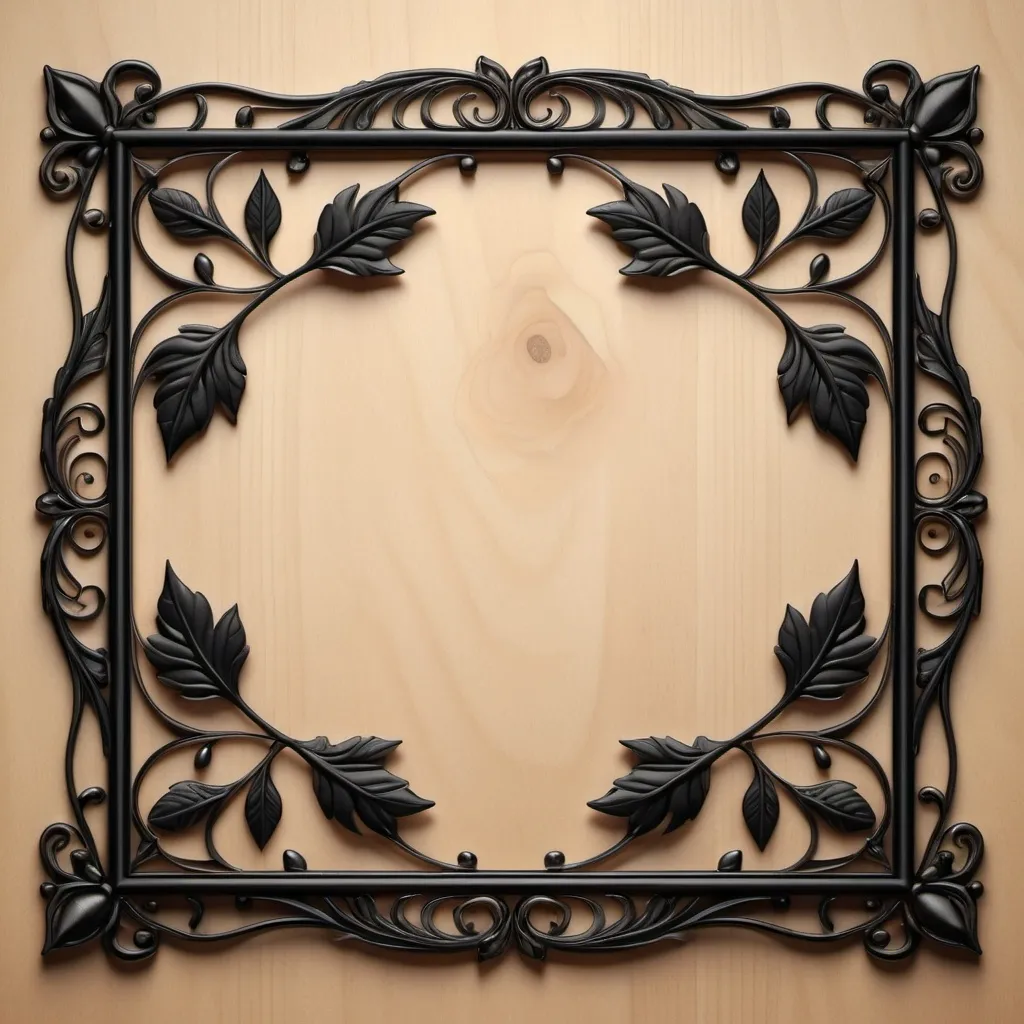 Prompt: a thin filigree black metal frame with leaves on a wooden background, square frame, symmetrical, arts and crafts movement, ornate, a 3D render