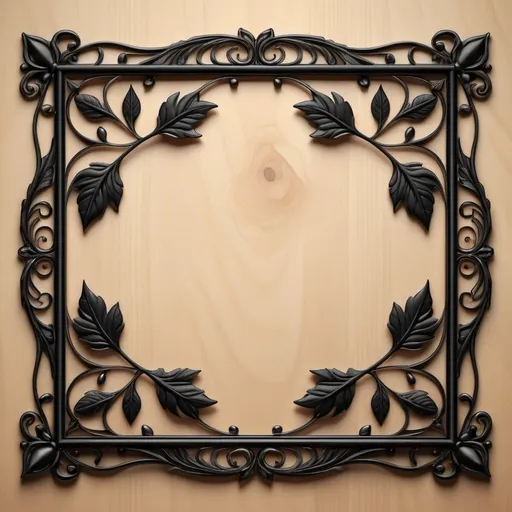 Prompt: a thin filigree black metal frame with leaves on a wooden background, square frame, symmetrical, arts and crafts movement, ornate, a 3D render