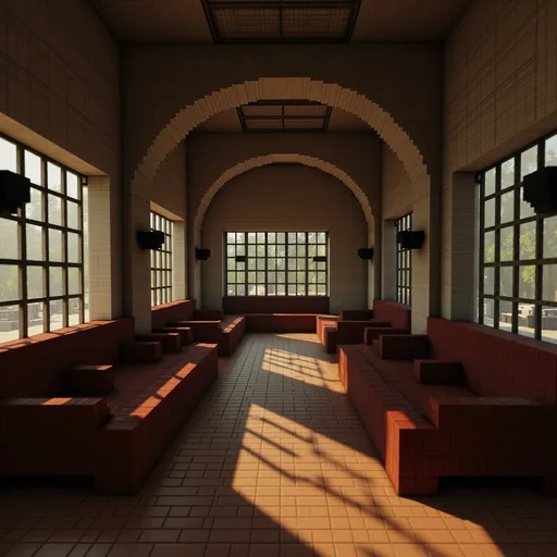 Prompt: empty waiting room of a 1920s train station