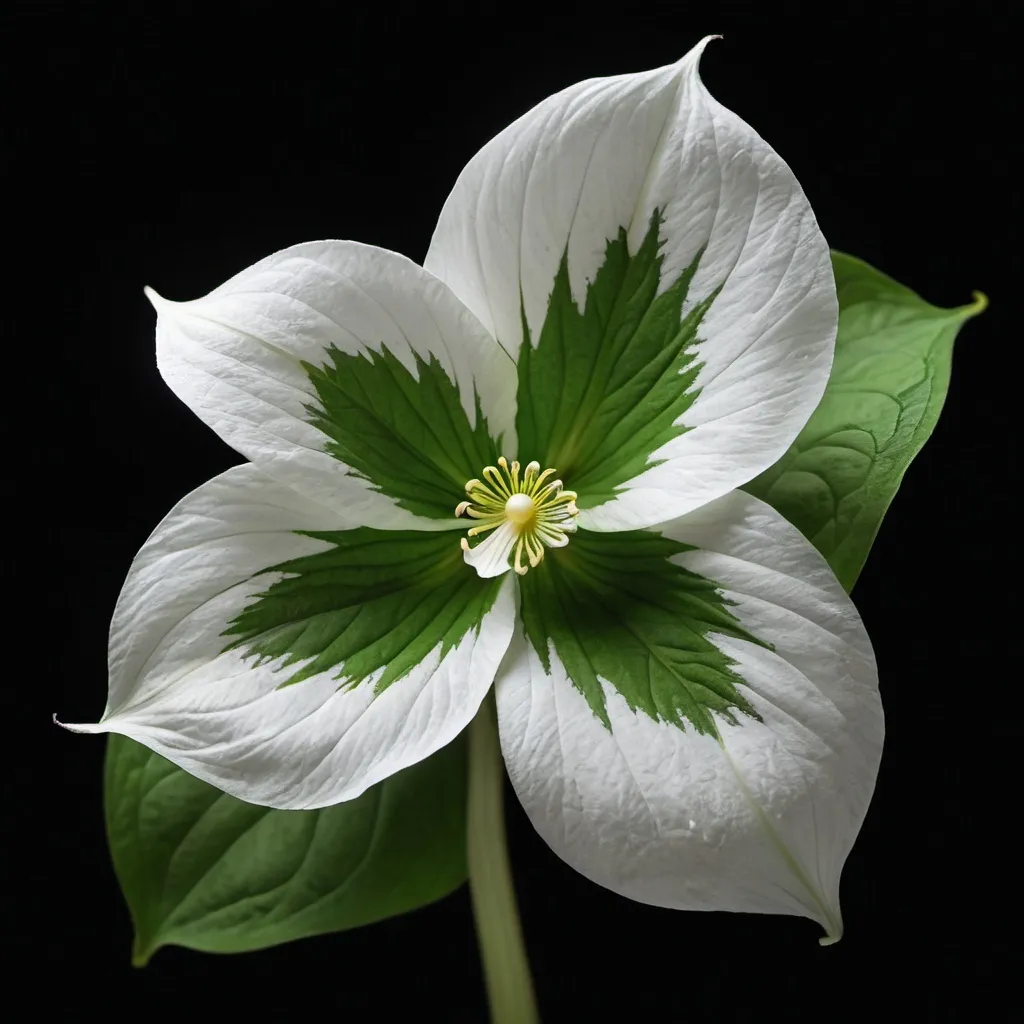 Prompt: a green Trillium plant is on a black surface with a black background and an oversized white Trillium bloom in the center, verdadism, fine foliage, a macro photograph