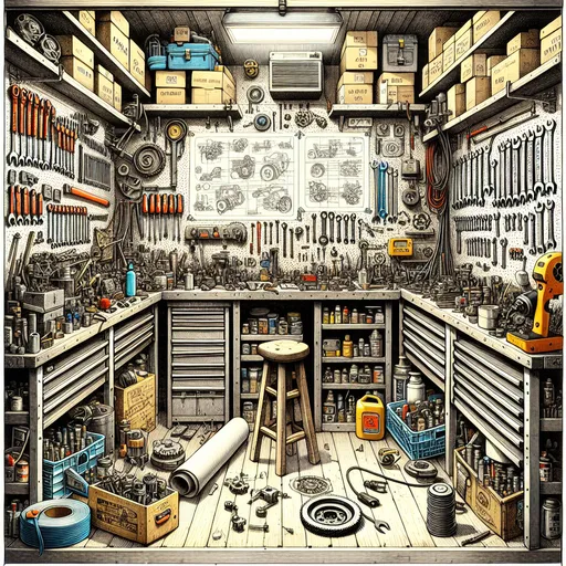 Prompt: a small room where mechanics have stored their tools and all kinds of parts and materials used by mechanics for vehicle repair and machine repair