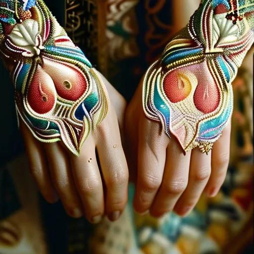 Prompt: (two hands adorned with intricate beaded designs), (traditional Qajar art style), featuring luminous colors and detailed patterns, depicting unity and connection, visually striking to capture attention, abstract background, reminiscent of Ernst Haeckel's elegance, ideal for an album cover, warm and inviting atmosphere, designed for high visibility, ultra-detailed, HD quality.