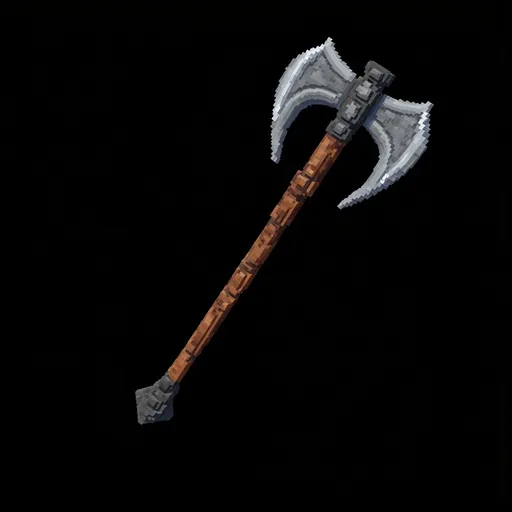 Prompt: a sharp steel battle axe, with a mahogany haft, ultra detailed, on a black background