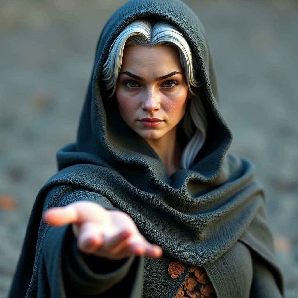 Prompt: a medieval sage is extending her hand toward me, her hair is gently blown by mystic winds, her face is mature and beautiful and pale, with an expression of intense concentration, the cowl of her robe is down around her shoulders