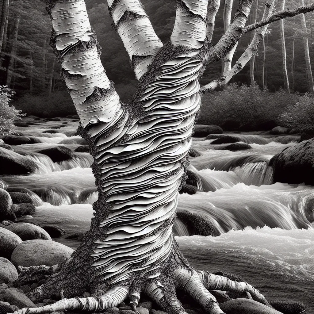 Prompt: a specimen River Birch tree in the foreground with bark like loose layers of curling paper-thin scales, a wide flowing brook in the background, high contrast