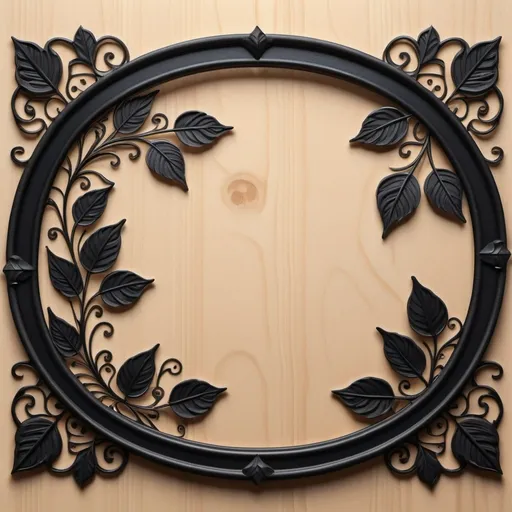 Prompt: a thin filigree black metal frame with leaves on a wooden background, Andries Stock, square frame, symmetrical, arts and crafts movement, ornate, a 3D render