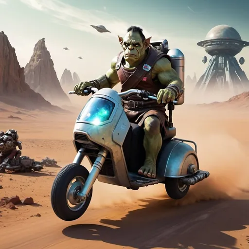 Prompt: movie poster of science fiction orc riding a space scooter in space with dystopian future with telugu writing and advertising