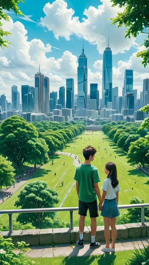 Prompt: A picturesque view from a high vantage point, showing a bustling city skyline with skyscrapers and a large, lush green park in the foreground. Two young people, a boy and a girl, are standing side by side, holding hands, and gazing at the horizon. The scene is bathed in bright sunlight with fluffy white clouds in the sky.