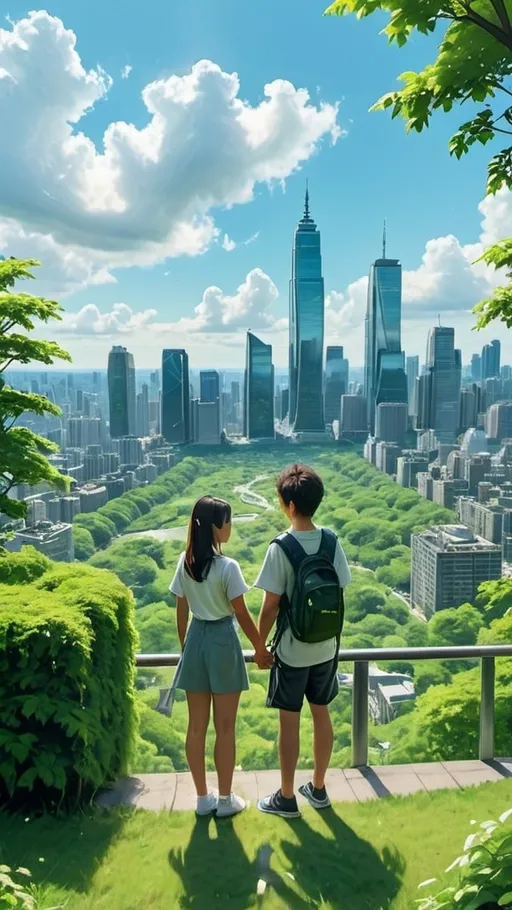 Prompt: A picturesque view from a high vantage point, showing a bustling city skyline with skyscrapers and a large, lush green park in the foreground. Two young people, a boy and a girl, are standing side by side, holding hands, and gazing at the horizon. The scene is bathed in bright sunlight with fluffy white clouds in the sky.