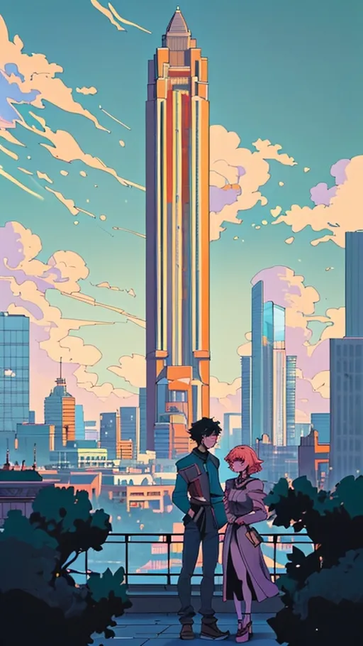 Prompt: A romantic and serene city view from a tall building, with a young couple standing together and observing the landscape. The scene includes a mixture of nature and urban elements, with a large park, tall buildings, and a clear, sunny sky with some clouds. The art style is vibrant and anime-inspired.