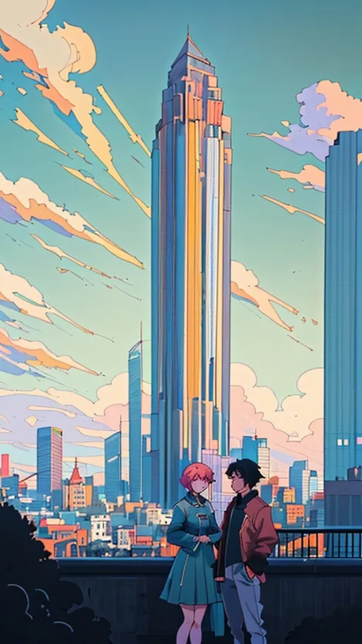 Prompt: A romantic and serene city view from a tall building, with a young couple standing together and observing the landscape. The scene includes a mixture of nature and urban elements, with a large park, tall buildings, and a clear, sunny sky with some clouds. The art style is vibrant and anime-inspired.