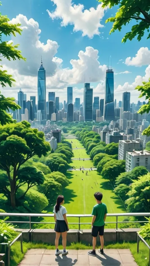 Prompt: A picturesque view from a high vantage point, showing a bustling city skyline with skyscrapers and a large, lush green park in the foreground. Two young people, a boy and a girl, are standing side by side, holding hands, and gazing at the horizon. The scene is bathed in bright sunlight with fluffy white clouds in the sky.