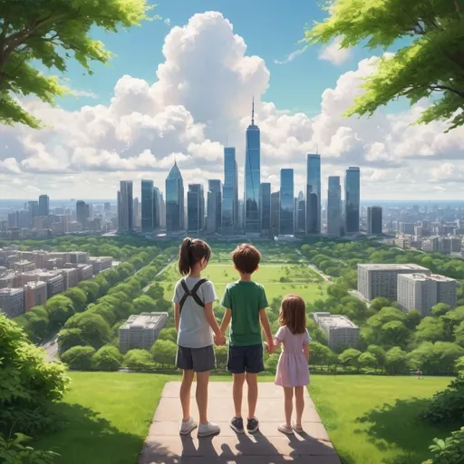 Prompt: A picturesque view from a high vantage point, showing a bustling city skyline with skyscrapers and a large, lush green park in the foreground. Two young people, a boy and a girl, are standing side by side, holding hands, and gazing at the horizon. The scene is bathed in bright sunlight with fluffy white clouds in the sky.