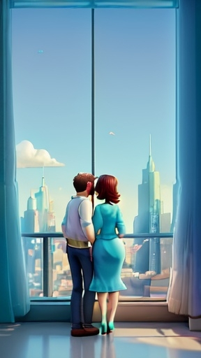 Prompt: a couple looking out a window at a cityscape with a bright sun in the sky and a blue sky, Beeple, neo-romanticism, city background, a painting