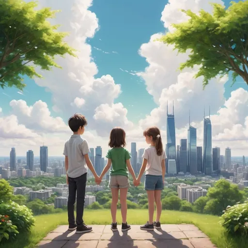 Prompt: A picturesque view from a high vantage point, showing a bustling city skyline with skyscrapers and a large, lush green park in the foreground. Two young people, a boy and a girl, are standing side by side, holding hands, and gazing at the horizon. The scene is bathed in bright sunlight with fluffy white clouds in the sky.