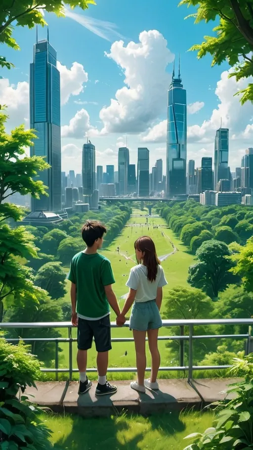 Prompt: A picturesque view from a high vantage point, showing a bustling city skyline with skyscrapers and a large, lush green park in the foreground. Two young people, a boy and a girl, are standing side by side, holding hands, and gazing at the horizon. The scene is bathed in bright sunlight with fluffy white clouds in the sky.