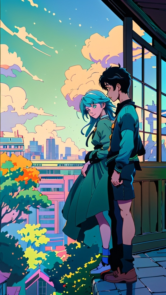 Prompt: A detailed and colorful anime scene of two young people standing in front of a large window, overlooking a city with a prominent green park. The scene is filled with bright daylight, blue skies with fluffy clouds, and a harmonious blend of natural and urban elements. The couple stands side by side, creating a moment of tranquility and connection.