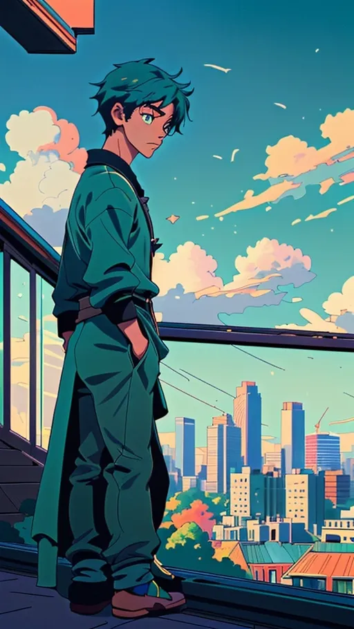 Prompt: An anime illustration of a boy and a girl standing together, looking out from a high window at a panoramic city view. The foreground features a green park, and the background showcases a modern city skyline. The sky is bright blue with scattered clouds, and the sunlight adds a warm and peaceful touch to the scene.