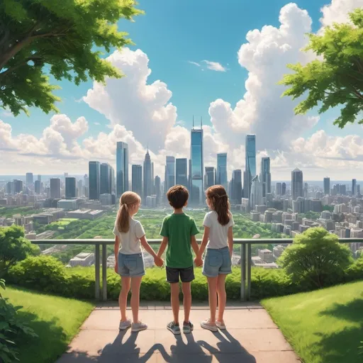 Prompt: A picturesque view from a high vantage point, showing a bustling city skyline with skyscrapers and a large, lush green park in the foreground. Two young people, a boy and a girl, are standing side by side, holding hands, and gazing at the horizon. The scene is bathed in bright sunlight with fluffy white clouds in the sky.