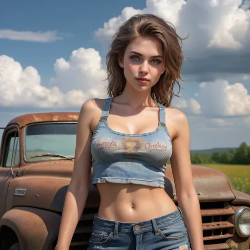Prompt: Create the Image of a gorgeous young adult hillbilly farm girl with random natural hair and no shirt, perfectly detailed cute face, full luscious lips, captivating wide eyes with an alluring gaze, perfect body composition, standing in the middle of a meadow, tight "Daisy Duke" short shorts, crop top, storm clouds on the horizon, sitting on the hood of an old rusted pick up truck in background, hyper realistic, super detailed, 8k, high quality, trending art, trending on artstation, sharp focus, studio photo, perfect lighting and shadows. no shirt no shirt b00bs no shirt