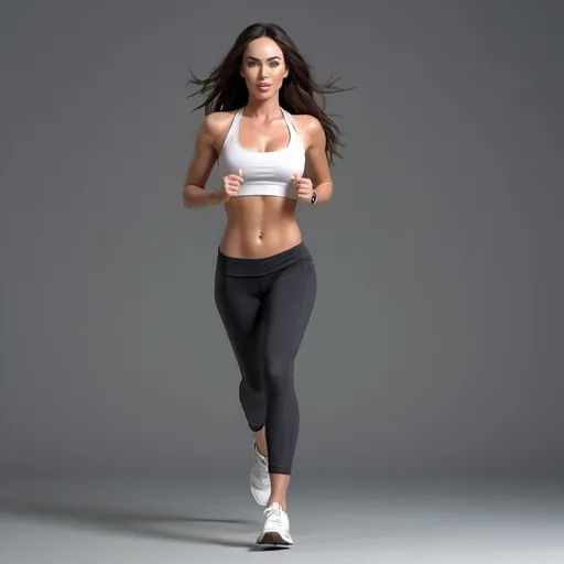 Prompt: (( a young girl))), ((full body view)), megan fox  girl with white skin, beautiful appearance wearing no shirt and yoga pants looking happy running fitness hyper realistic 