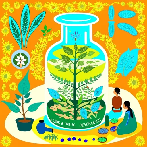 Prompt: ILLUSTRATION OF ATHNOBOTANY PROCESS, ANCIENT
 PEOPLE INVENTING NEW PLANTS AND USING IT FOR VARIOUS PURPOSES LIKE MEDICINES AND CURING DESEASES