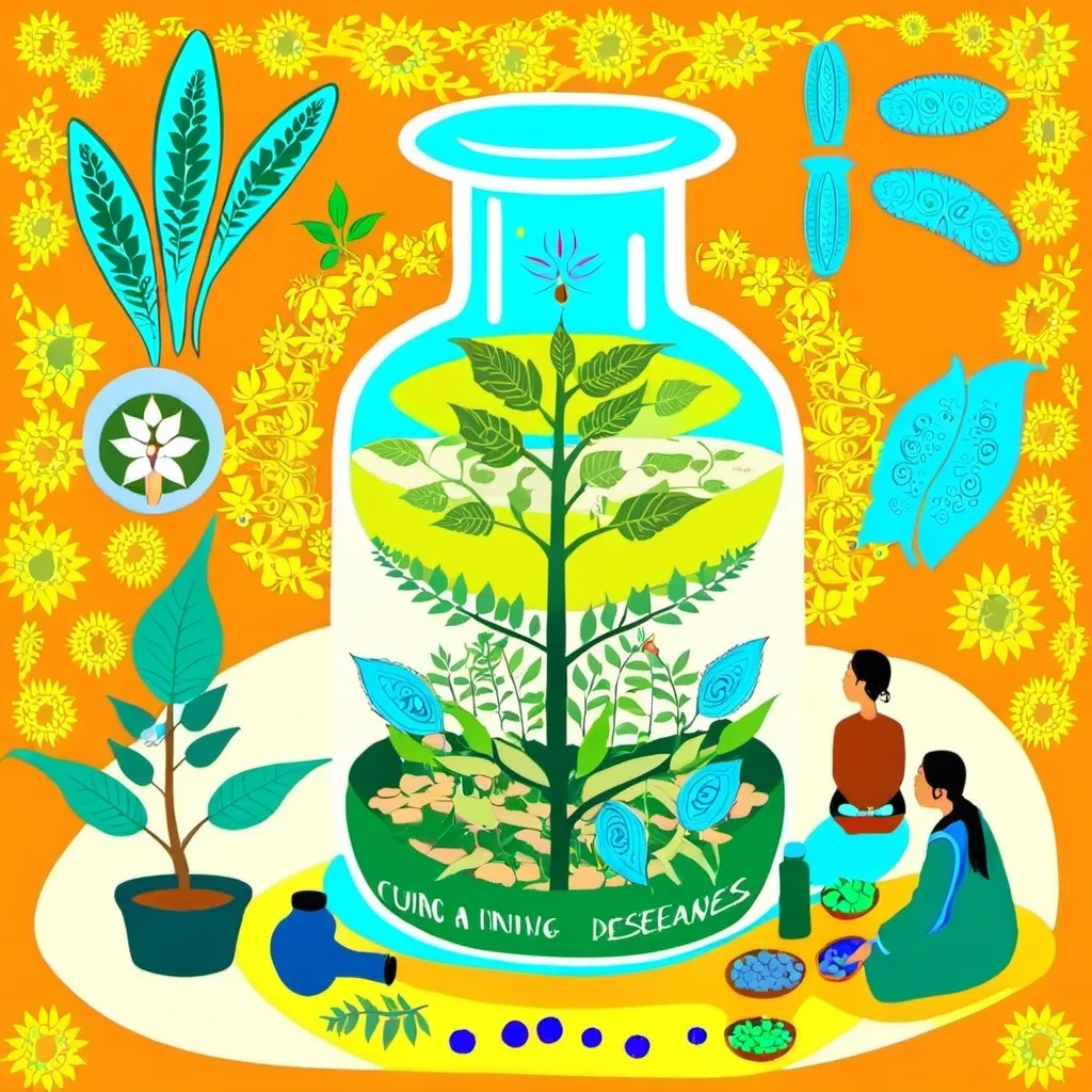 Prompt: ILLUSTRATION OF ATHNOBOTANY PROCESS, ANCIENT
 PEOPLE INVENTING NEW PLANTS AND USING IT FOR VARIOUS PURPOSES LIKE MEDICINES AND CURING DESEASES