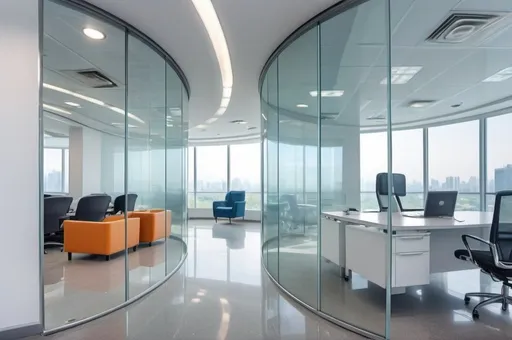 Prompt: Professional photos of see-through Curved glass Partition wall, and sunny long lens office decoration, perfect perspective, highly detailed, wide-angle lens, surreal, light luxury decoration style, gray floor, white ceiling, polarized filters, natural light, bright colors, everything is clearly focused, HDR, UHD, 64K