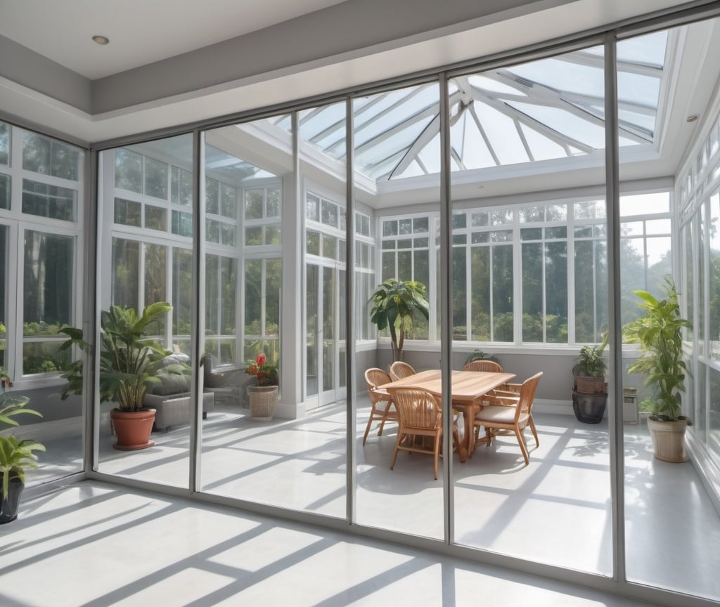 Prompt: Professional photos of see-through 
Sunroom , and sunny long lens office decoration, perfect perspective, highly detailed, wide-angle lens, surreal, light luxury decoration style, gray floor, white ceiling, polarized filters, natural light, bright colors, everything is clearly focused, HDR, UHD, 64K