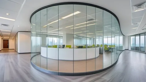 Prompt: Professional photos of see-through Curved glass Partition wall, and sunny long lens office decoration, perfect perspective, highly detailed, wide-angle lens, surreal, light luxury decoration style, gray floor, white ceiling, polarized filters, natural light, bright colors, everything is clearly focused, HDR, UHD, 64K