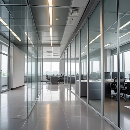 Prompt: Professional photos of see-through  Grey glass partition wall, and sunny long lens office decoration, perfect perspective, highly detailed, wide-angle lens, surreal, light luxury decoration style, gray floor, white ceiling, polarized filters, natural light, bright colors, everything is clearly focused, HDR, UHD, 64K