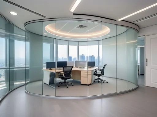 Prompt: Professional photos of see-through Curved double glass Partition wall, and sunny long lens office decoration, perfect perspective, highly detailed, wide-angle lens, surreal, light luxury decoration style, gray floor, white ceiling, polarized filters, natural light, bright colors, everything is clearly focused, HDR, UHD, 64K