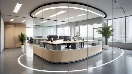 Prompt: {curved glass partition, minimalist office, sunshine}'s long lens office decoration professional photo, perfect perspective, highly detailed, wide angle lens, surreal, light luxury decoration style, grey floors, white ceilings, polarizing filters, natural light, vibrant colors, everything is in clear focus, HDR, UHD, 64K