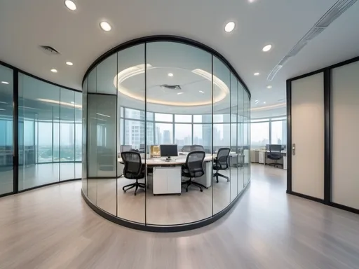 Prompt: Professional photos of see-through Curved double glass Partition wall, and sunny long lens office decoration, perfect perspective, highly detailed, wide-angle lens, surreal, light luxury decoration style, gray floor, white ceiling, polarized filters, natural light, bright colors, everything is clearly focused, HDR, UHD, 64K