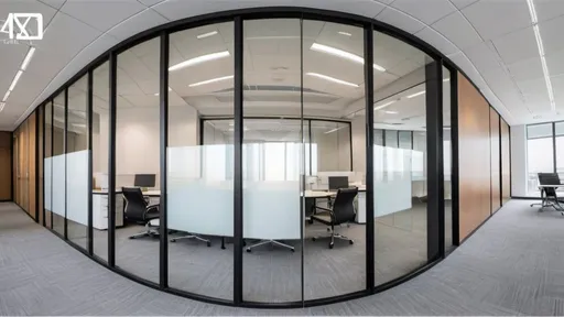 Prompt: {curved glass partition, each piece of glass is divided into the same size, there is no aluminum alloy between the glass and the glass, the glass is surrounded by black aluminum alloy lines, simple office, sunshine}'s long lens office renovation professional photographs, perfect perspective, highly detailed, wide-angle lens, surreal, light luxury renovation style, grey floors, white ceilings, polarized filters, natural light, vivid colors, everything is clearly in focus, HDR, UHD, 64K