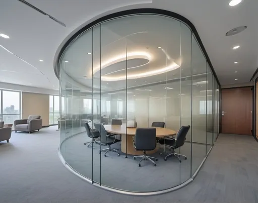 Prompt: Professional photos of see-through Curved glass Partition wall,  everything is clearly focused, HDR, UHD, 64K