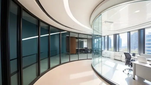 Prompt: Professional photos of see-through Curved glass Partition wall, and sunny long lens office decoration, perfect perspectceiling, polarized filters, natural light, bright colors, everything is clearly focused, HDR, UHD, 64K