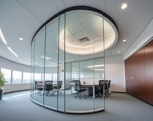 Prompt: Professional photos of see-through Curved glass Partition wall, and sunny long lens office decoration, white ceiling, polarized filters, natural light, bright colors, everything is clearly focused, HDR, UHD, 64K