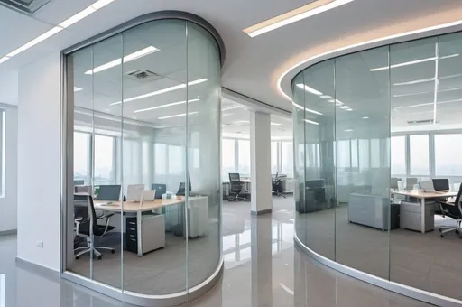 Prompt: Professional photos of see-through Curved glass Partition wall, and sunny long lens office decoration, perfect perspective, highly detailed, wide-angle lens, surreal, light luxury decoration style, gray floor, white ceiling, polarized filters, natural light, bright colors, everything is clearly focused, HDR, UHD, 64K