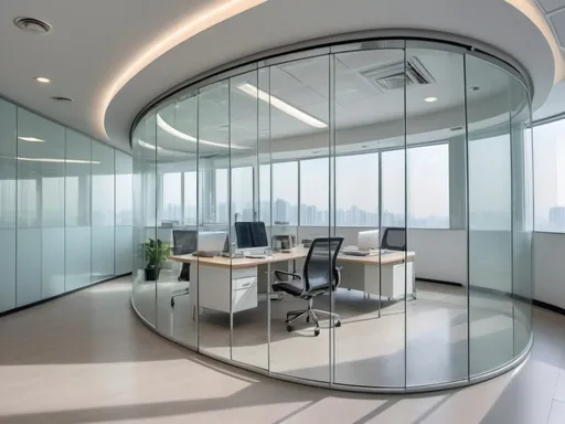 Prompt: Professional photos of see-through Curved double glass Partition wall, and sunny long lens office decoration, perfect perspective, highly detailed, wide-angle lens, surreal, light luxury decoration style, gray floor, white ceiling, polarized filters, natural light, bright colors, everything is clearly focused, HDR, UHD, 64K