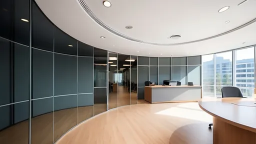 Prompt: Professional photos of see-through Curved glass Partition wall, and sunny long lens office decoration, perfect perspectceiling, polarized filters, natural light, bright colors, everything is clearly focused, HDR, UHD, 64K