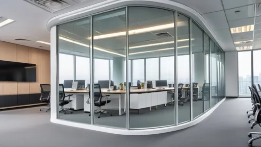 Prompt: Professional photos of see-through Curved glass Partition wall, and sunny long lens office decoration, perfect perspective, highly detailed, wide-angle lens, surreal, light luxury decoration style, gray floor, white ceiling, polarized filters, natural light, bright colors, everything is clearly focused, HDR, UHD, 64K