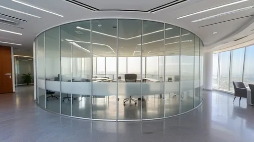 Prompt: Professional photos of see-through Curved glass Partition wall, and sunny long lens office decoration, perfect perspective, highly detailed, wide-angle lens, surreal, light luxury decoration style, gray floor, white ceiling, polarized filters, natural light, bright colors, everything is clearly focused, HDR, UHD, 64K