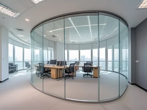 Prompt: Professional photos of see-through Curved double glass Partition wall, and sunny long lens office decoration, perfect perspective, highly detailed, wide-angle lens, surreal, light luxury decoration style, gray floor, white ceiling, polarized filters, natural light, bright colors, everything is clearly focused, HDR, UHD, 64K