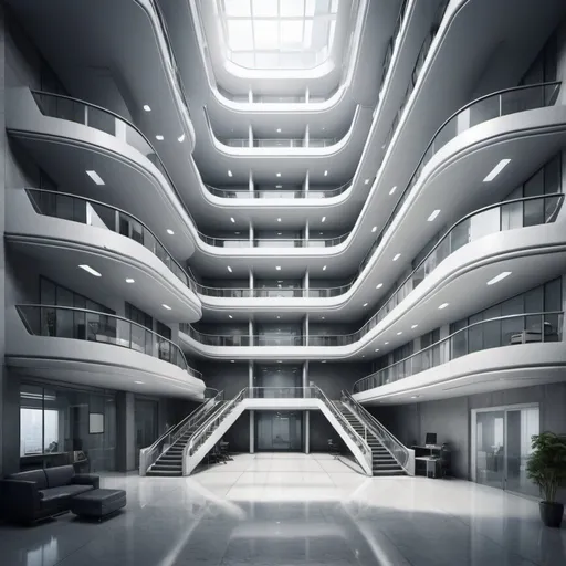 Prompt: Design a Class A office building 600 square science fiction office, up and down 4 floors panoramic